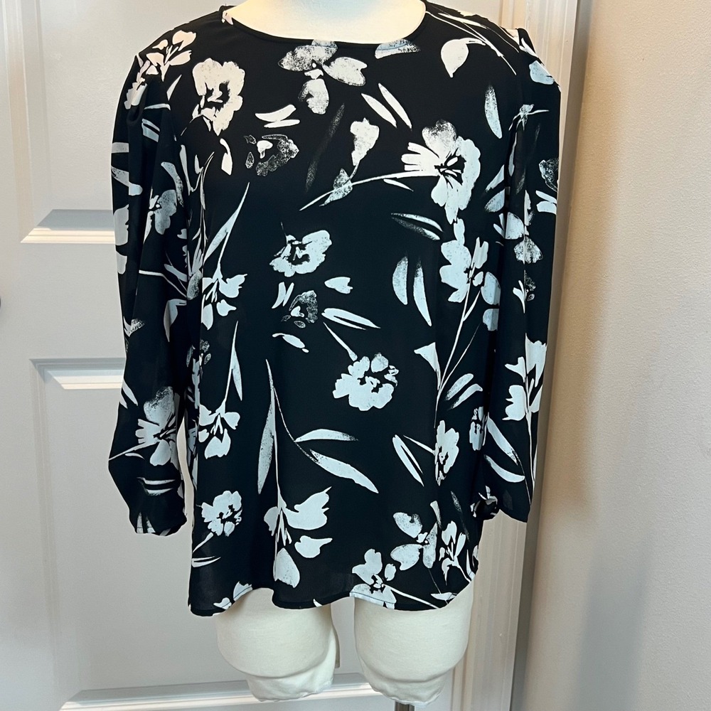 DKNY Women Blouse Floral Print Puff‎ Sleeve Black White Size L